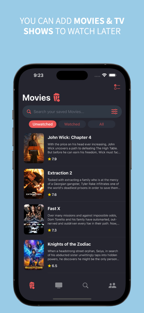 Watchlist app screen showing a list of saved movies like John Wick Chapter 4 and Extraction 2 to watch later