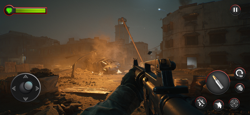 Call of Sniper -Delta Ops 2025 - First person shooter view of an assault rifle in a destroyed city environment in Call of Sniper Delta Ops 2025