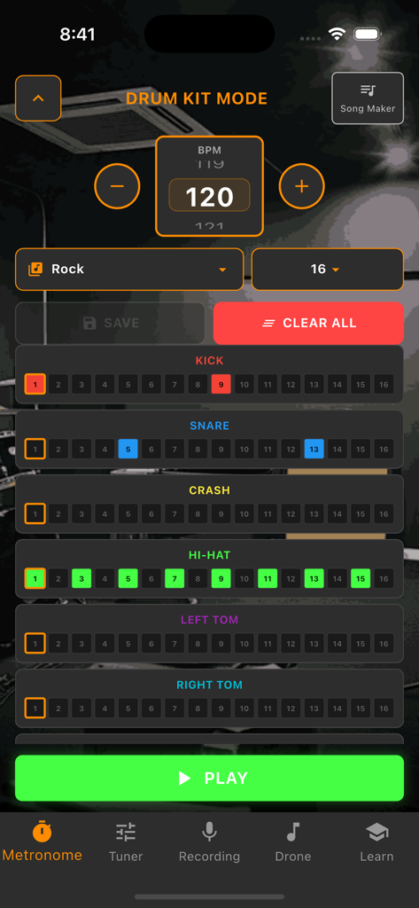 Flashtronome - Flashtronome app drum kit mode featuring a step sequencer for kick snare and hi-hat patterns
