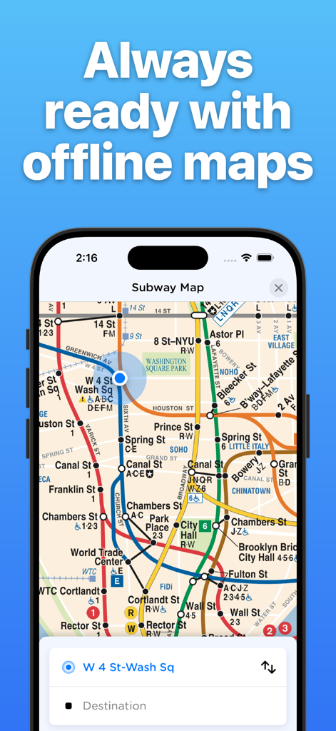 NYC Transit mobile app interface showing a detailed offline subway map of Manhattan