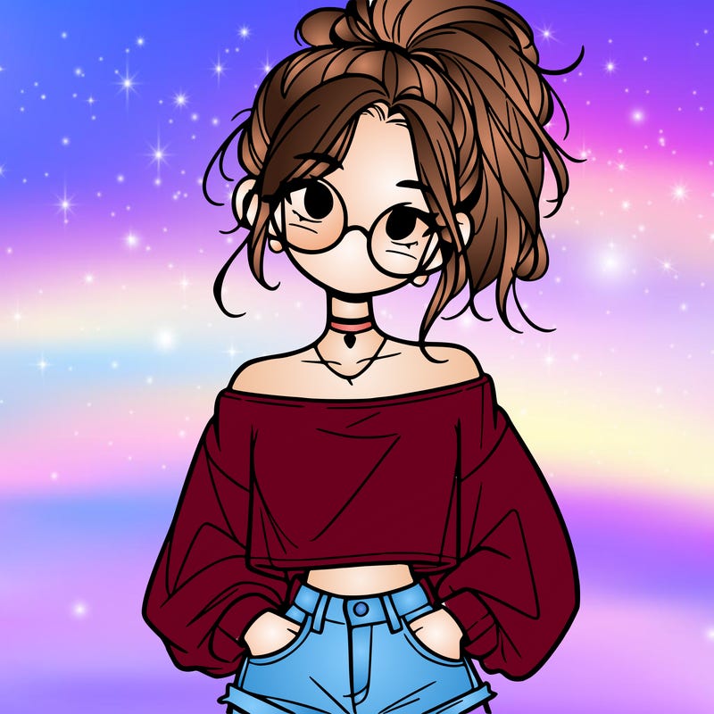 girl with a messy ponytail glasses a baggy crop top and jean shorts