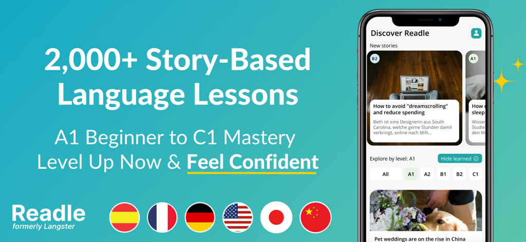 Readle: Learn Languages Daily - Interfaz de la aplicación Readle mostrando más de 2.000 lecciones de idiomas basadas en historias desde niveles principiante A1 hasta maestría C1.