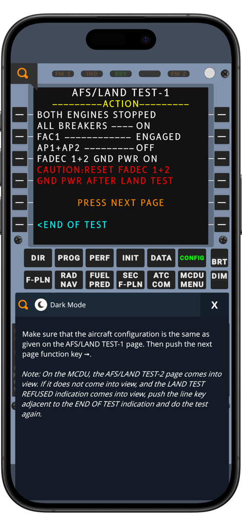 A320 CFDS Trainer - Captura de pantalla de la aplicación Entrenador CFDS A320 que muestra una pantalla MCDU simulada para una prueba de aterrizaje AFS con instrucciones de mantenimiento