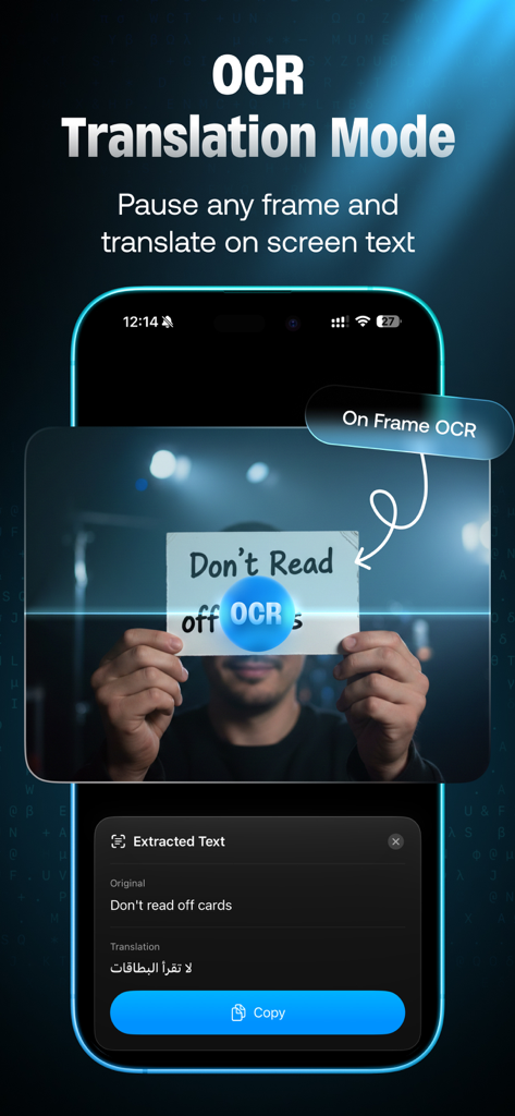 AutoSub - Video Translator - A mobile app screenshot demonstrating OCR translation mode which extracts and translates on screen video text from English to Arabic.