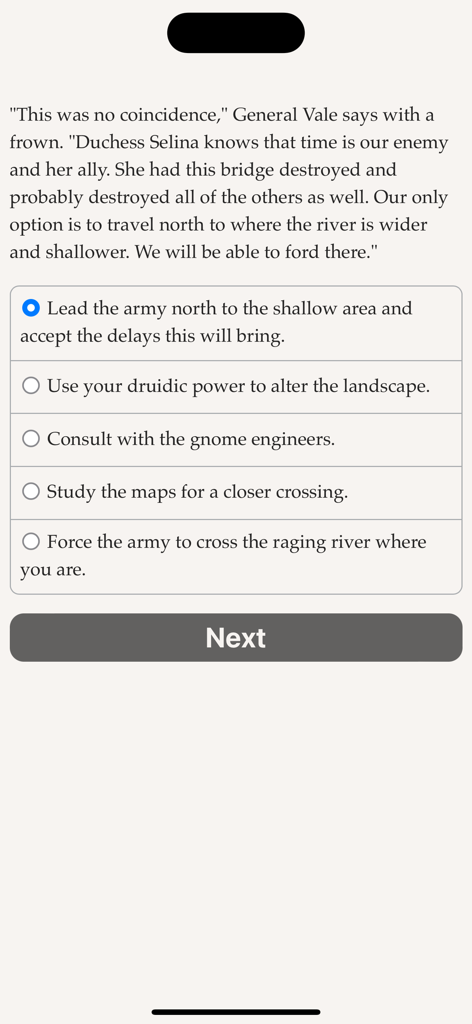 The Lost Heir 2 - Gameplay screen of The Lost Heir 2 showing narrative text and interactive choice options