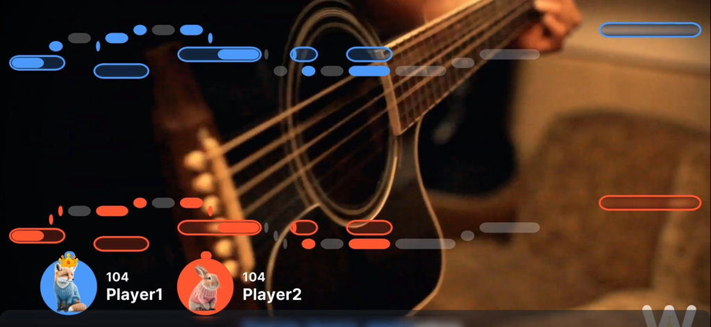 SingFever - Your Sing Game - SingFever duet gameplay interface with scrolling pitch bars and player avatars over a guitar background