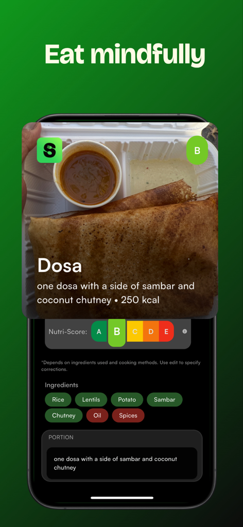Snacc - Build Healthy Habits - Screenshot of Snacc app showing AI meal analysis for a dosa including Nutri-Score and calories