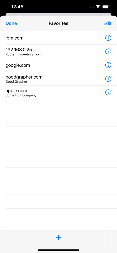 Ping - network utility - Eine Liste gespeicherter Lieblingshosts und IP-Adressen für Netzwerktests in der Ping-App