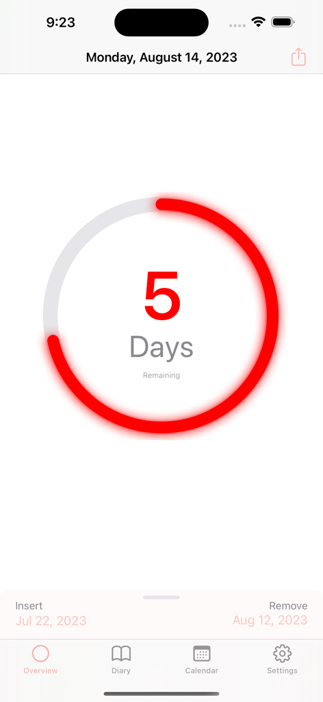 MyRing - contraceptive ring - Overview screen of the MyRing app showing a circular progress bar with five days remaining.