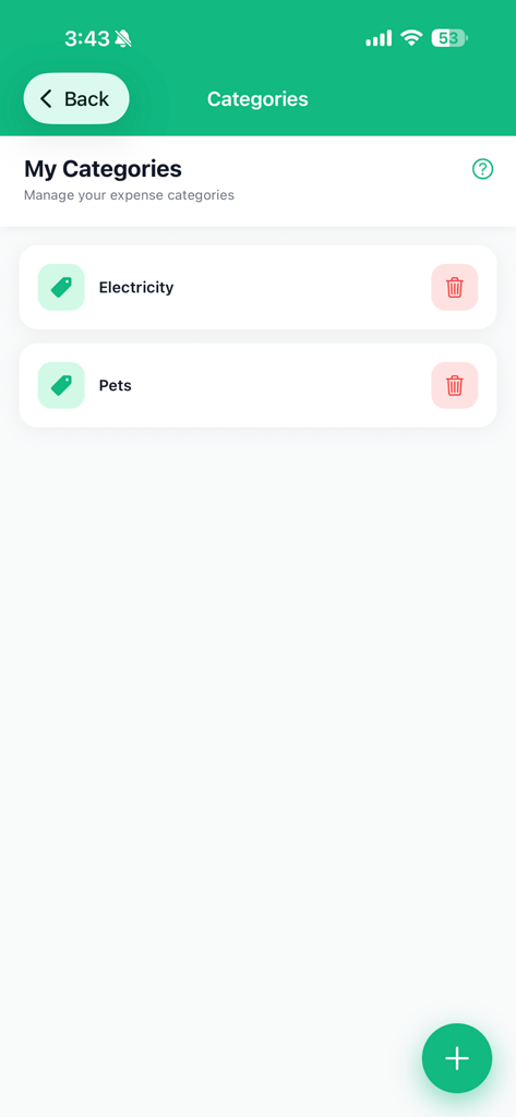 Oberfläche der Money Track AI App, die eine Liste von Ausgabenkategorien wie Strom und Haustiere anzeigt