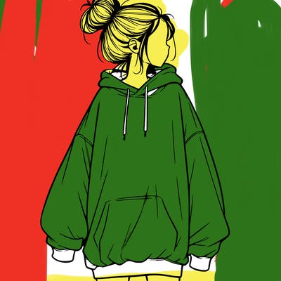 realistic girl with a oversized sweatshirt on and a bun