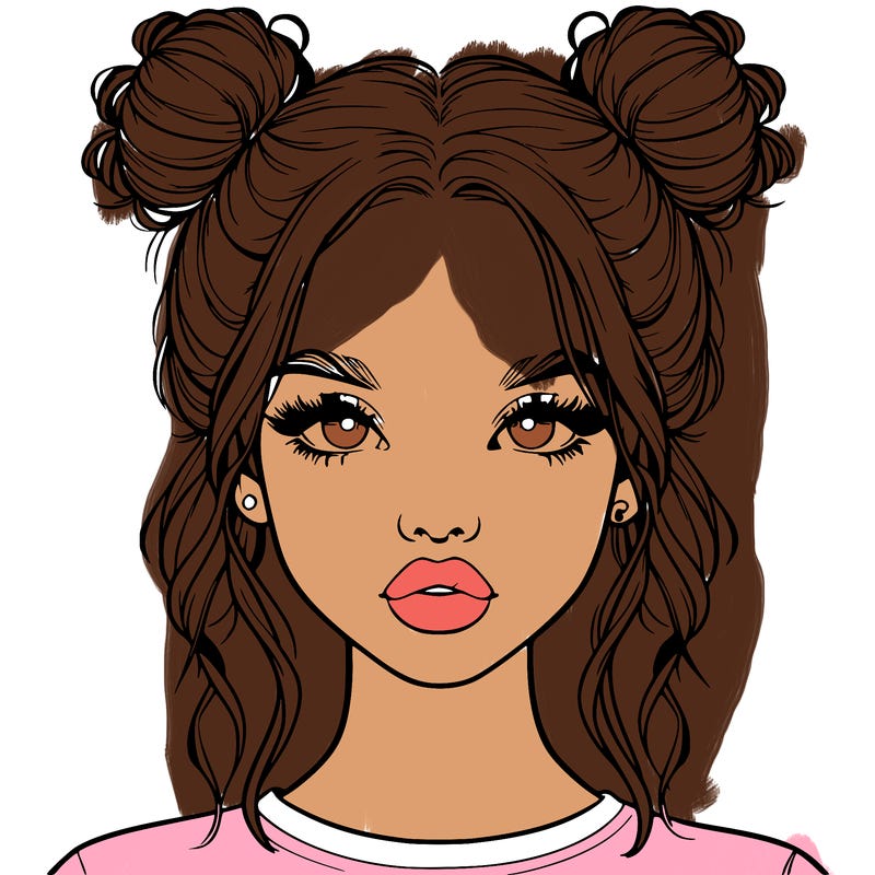 realistic girl with two buns in hair and lips