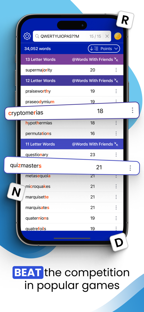 Word Unscrambler Solver app interface displaying high scoring word suggestions for social word games