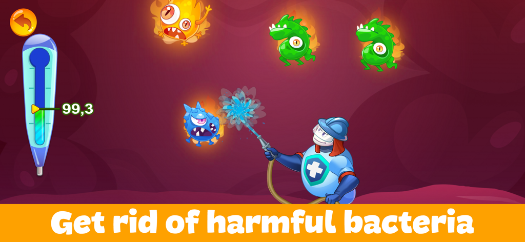 Personaje de dibujos animados luchando contra monstruos de bacterias de colores con una manguera de agua en una aplicación de juego de doctor para niños