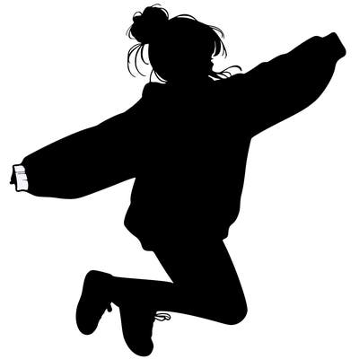 realistic girl jumping with a bun and oversized sweatshirt