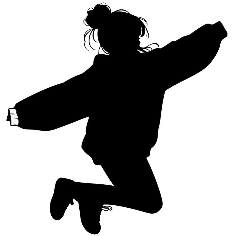 realistic girl jumping with a bun and oversized sweatshirt
