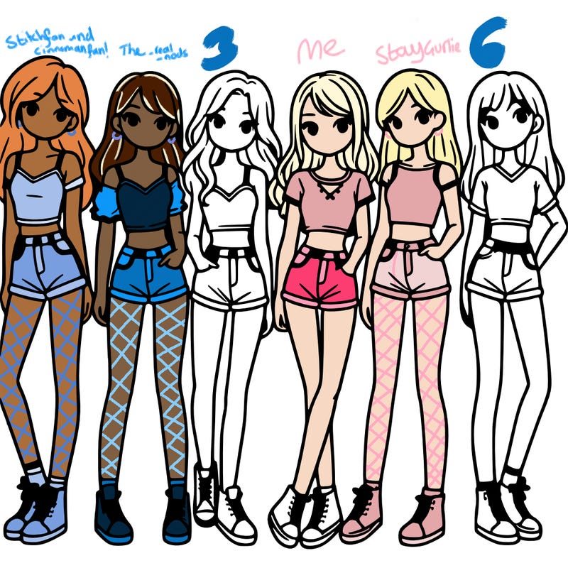 a group of girls wearing crop tops and shorts