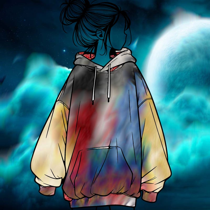 realistic girl with a oversized sweatshirt on and a bun