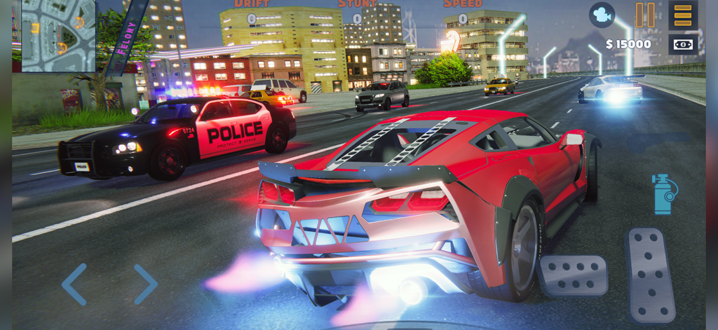 Red sports car in a high speed police chase through city streets