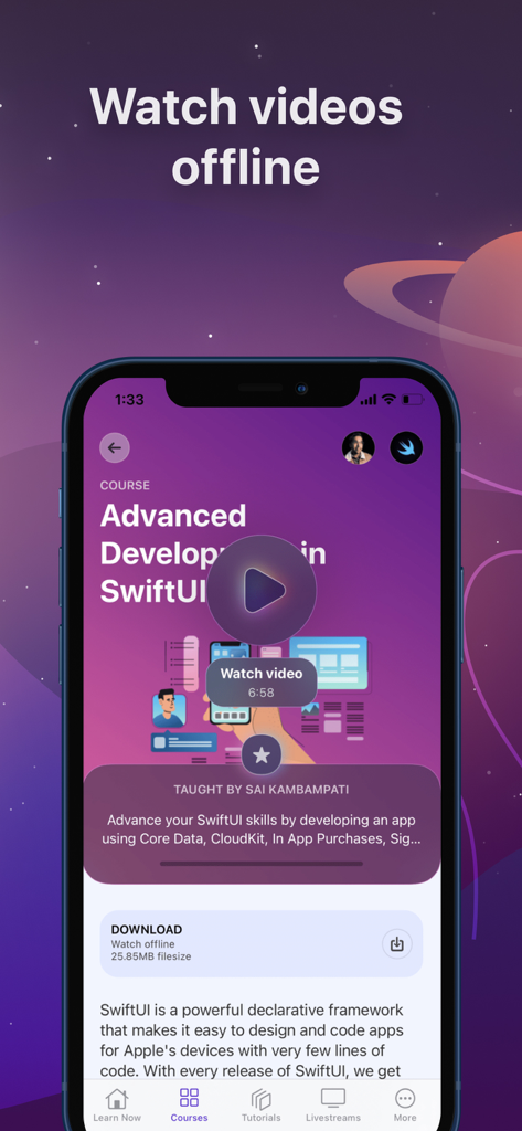 Design+Code - 비디오 오프라인 시청 기능을 제공하는 고급 SwiftUI 강좌를 표시하는 Design+Code 앱 화면