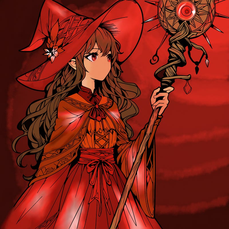a realistic fantasy manga witch with a staff