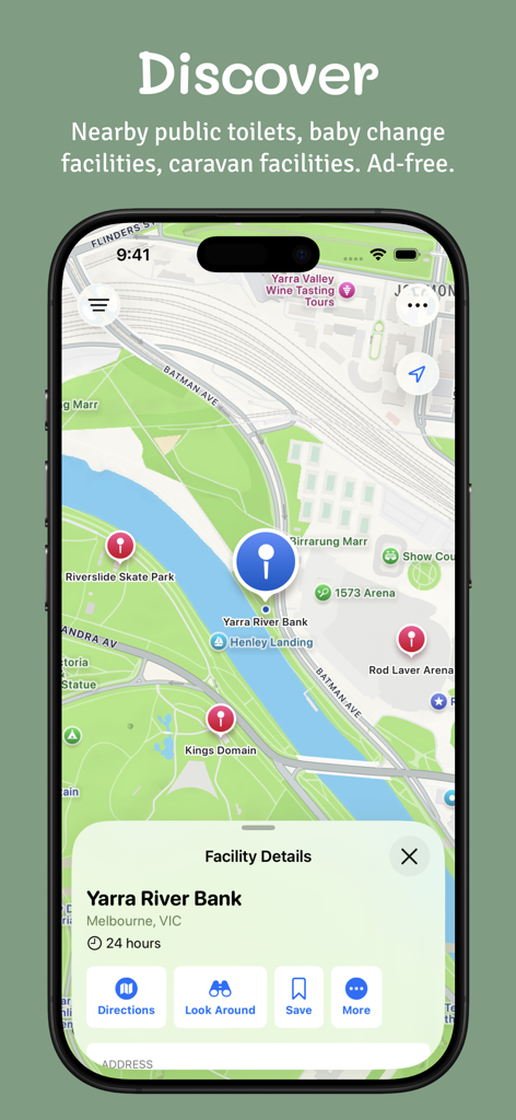Interface of the Public Toilets Australia app displaying a map with nearby facilities and specific details for a location in Melbourne