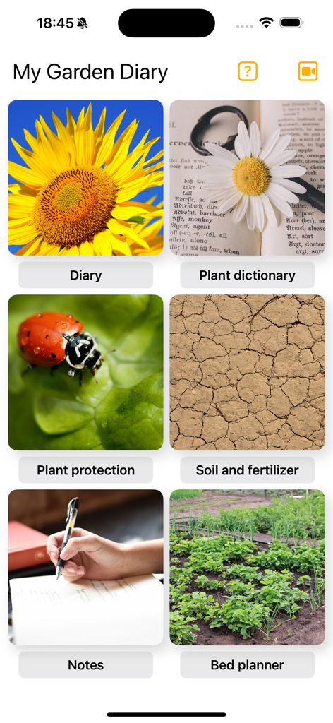 My garden journal - Main menu of the My Garden Journal app showing options for gardening diary plant dictionary and bed planning