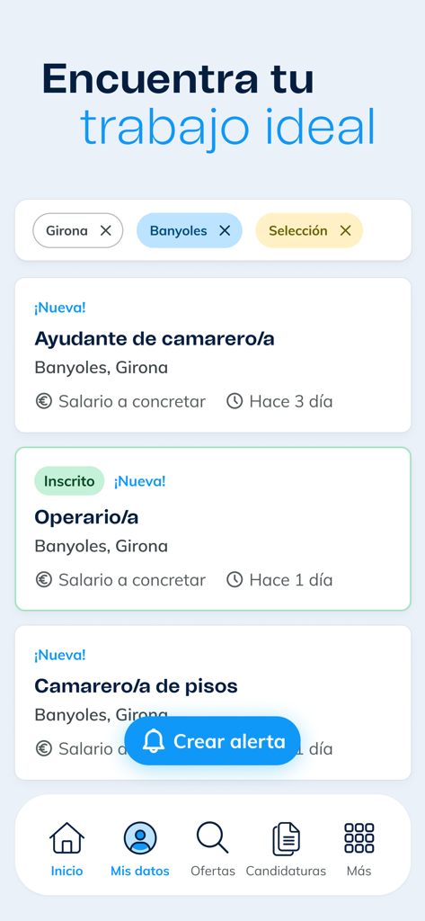 Eurofirms - Ofertas de trabajo - Interface of the Eurofirms app showing job offers and search filters in Spanish