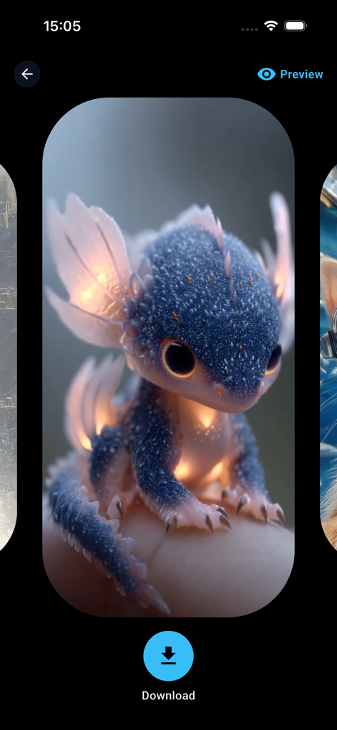 Sounds & Live Wallpapers - Uma prévia de alta resolução de um papel de parede animado de um dragão bebê fofo com asas brilhantes e escamas azuis