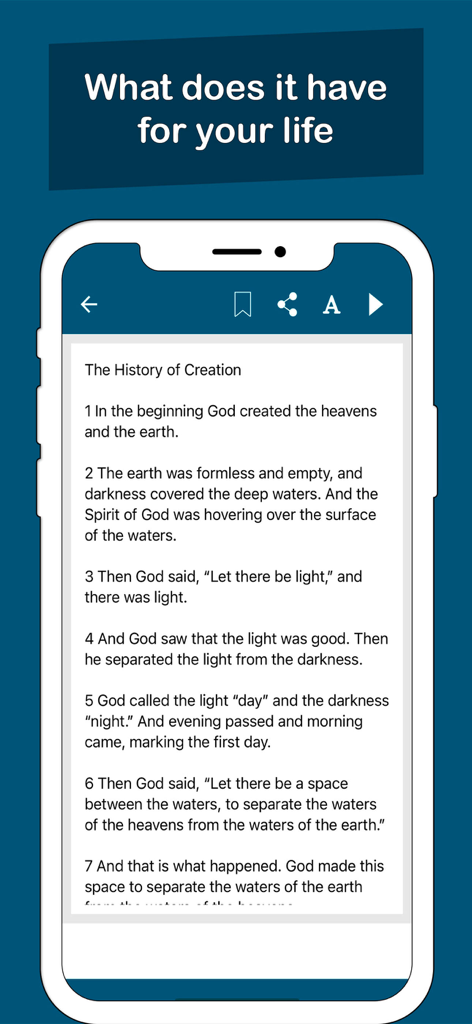Mobile app interface showing the History of Creation passage from the New Living Translation Bible