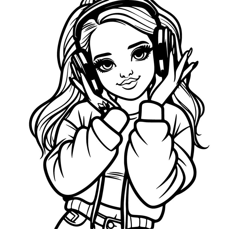 a famous girl listening to music on a street with headphones doing a pose