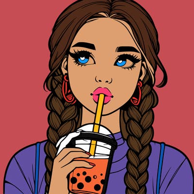realistic girl with braided hair drinking boba