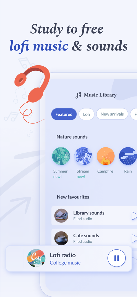 Interface of Flipd focus app showing music library with nature sounds like rain and campfire, library ambient noise, and a lofi radio player for studying.