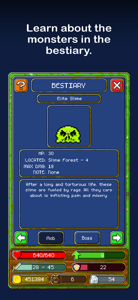 Tap Knight - Idle Adventure - Menú de bestiario en Tap Knight mostrando estadísticas y lore del Slime Élite.