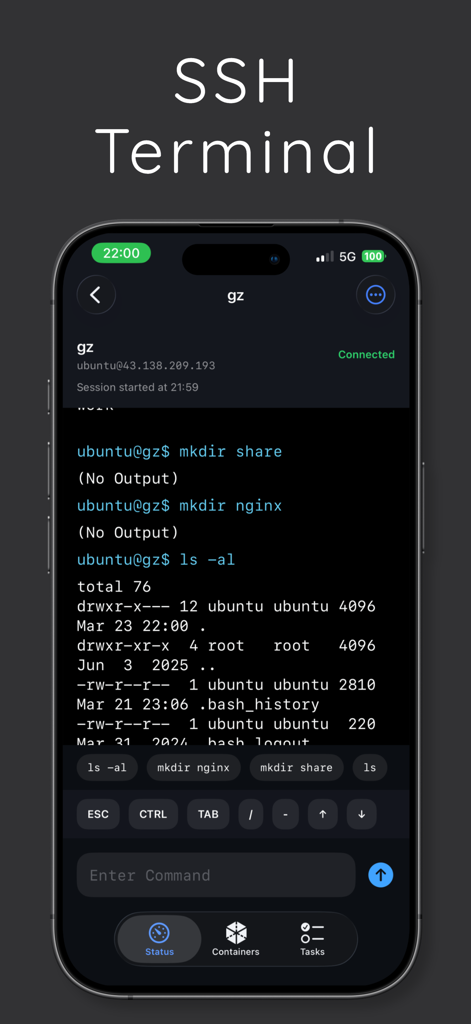 Pantalla de terminal SSH de Termi mostrando una sesión de servidor Ubuntu conectada con salida de comandos de Linux en un iPhone