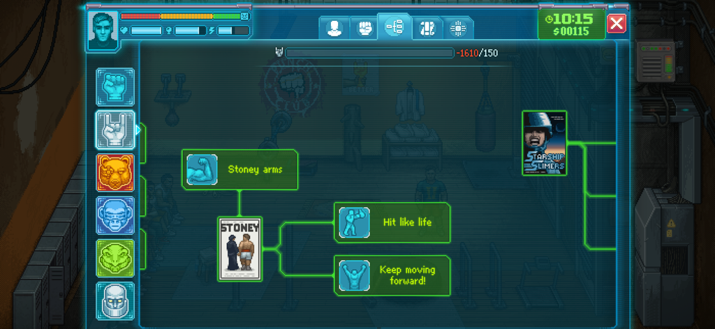 Punch Club 2 skill tree menu with cyberpunk themed character upgrades and pixel art icons