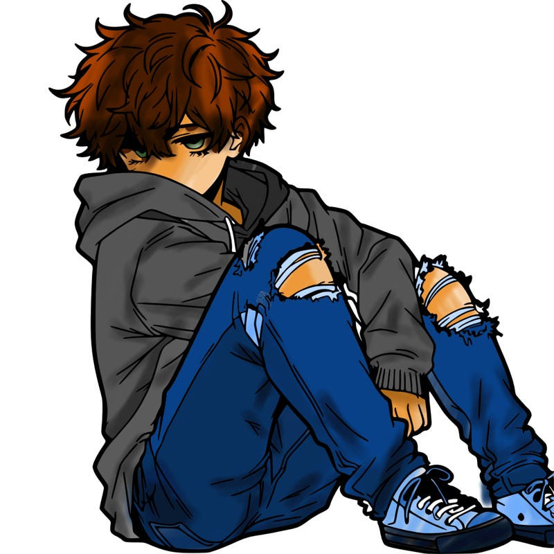 a male hoddie ripped jeans messy hair anime