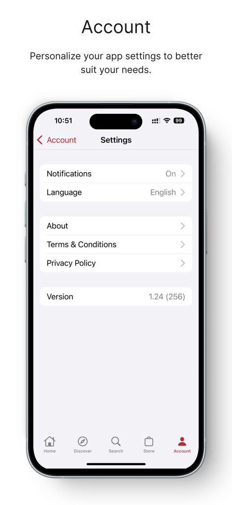 The account settings screen in the TimelessToday app showing notification and language personalization options.
