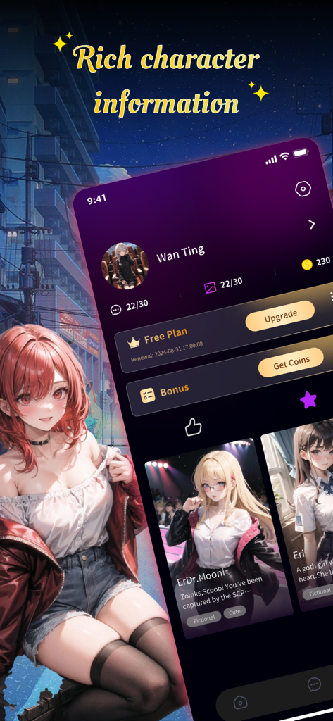 RushChat AI-Role Play AI Chat - RushChat AI app interface showing anime character profiles and a user dashboard with rich character information