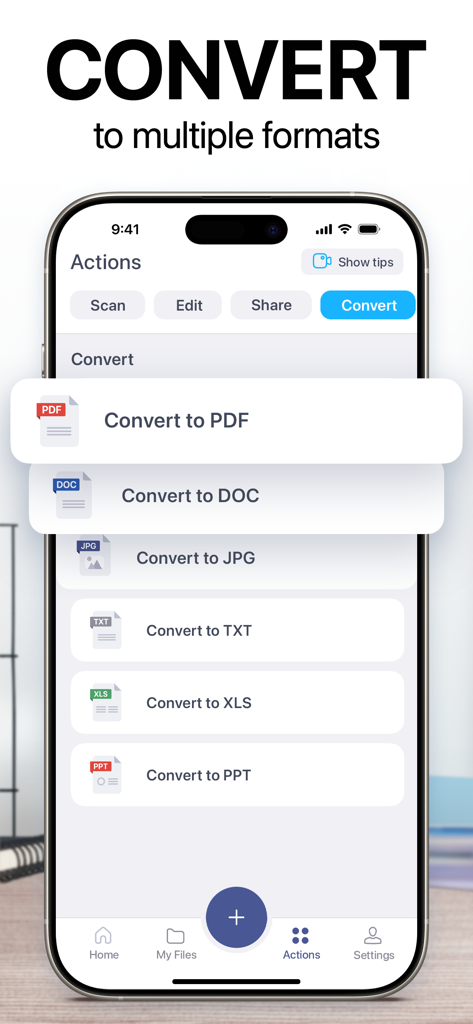 Pantalla de la aplicación iScanner que muestra opciones de conversión de documentos a formatos PDF, DOC, JPG, TXT, XLS y PPT