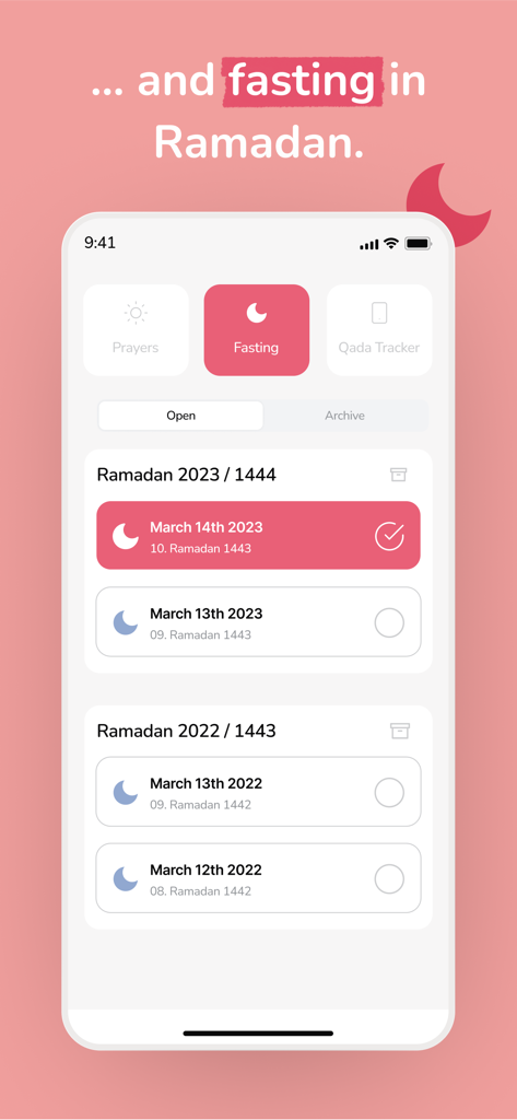 Waliya app interface showing the fasting tracker for Ramadan and missed fasts records
