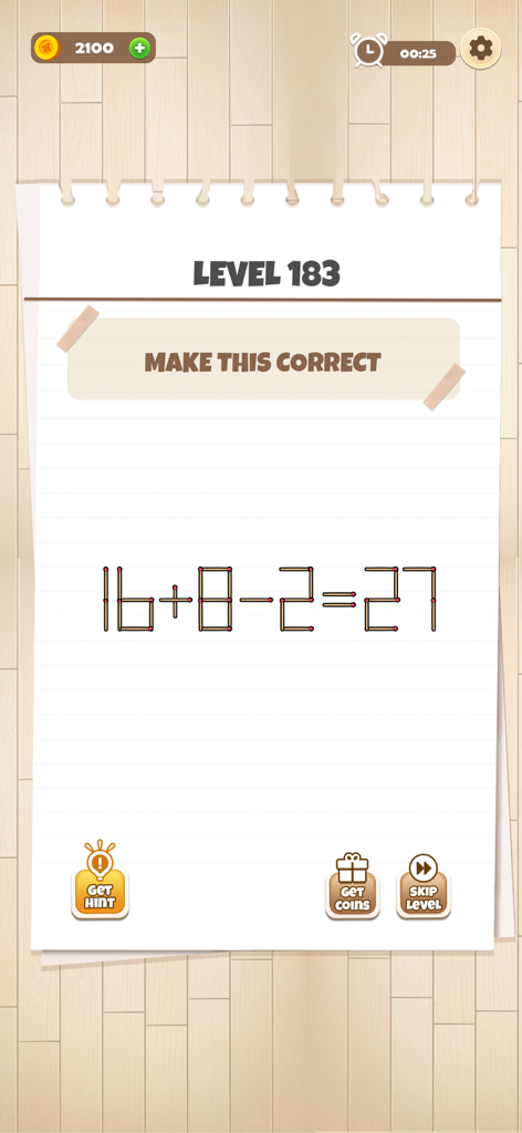 Brain King IQ Test Puzzle Game - Matchstick math puzzle challenge in the Brain King IQ Test game asking to correct the equation