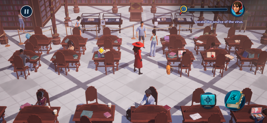 Carmen Sandiego in her iconic red coat investigating a library for clues in the mobile game.