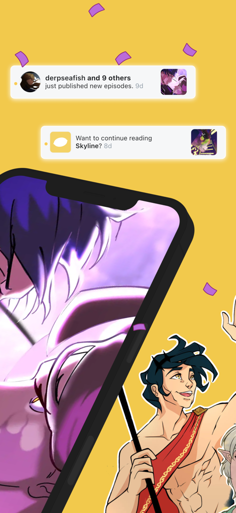 Téléphone mobile affichant les notifications de l'application Lemoon webtoon et des personnages illustrés sur fond jaune.