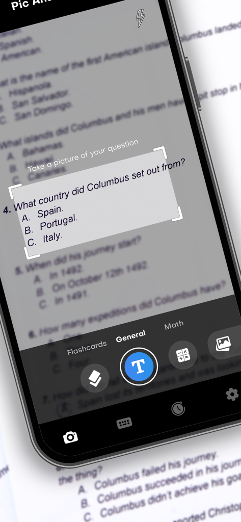 Pic Answer AI Solver app scanning a history homework question using the smartphone camera.