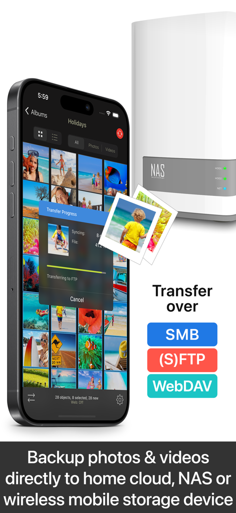 PhotoSync app transferring photos from an iPhone to a NAS storage device
