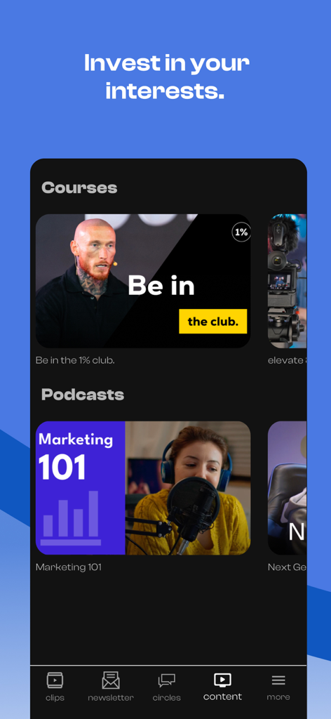Inner Circle app interface showing sections for educational courses and professional podcasts