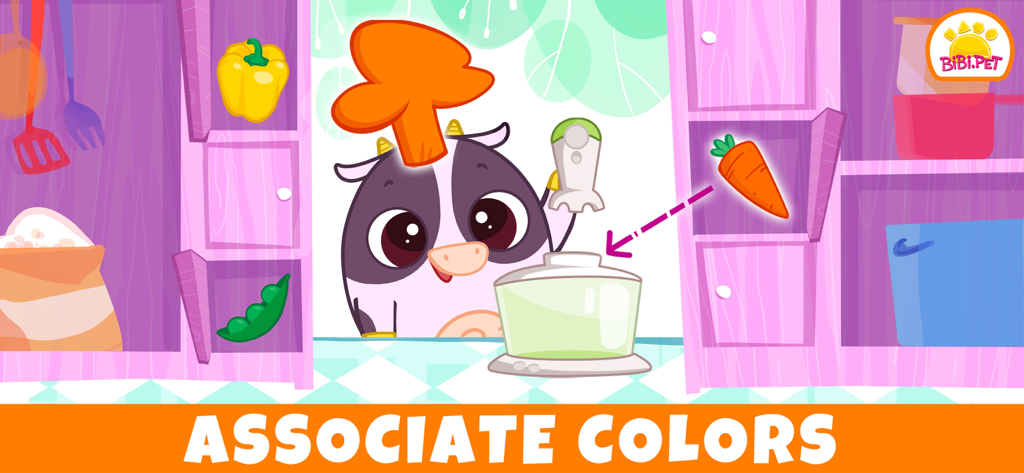 Bibi Toddler Learning Games 2+ - Educational game screen showing a cartoon cow chef in a kitchen setting for a color association activity