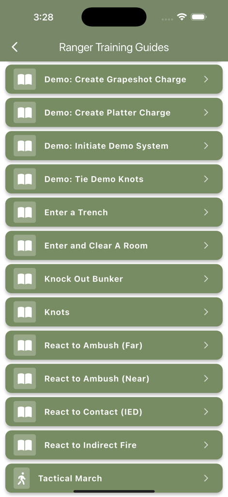 Army Ranger Handbook Trainer - A list of military training guides in the Army Ranger Handbook Trainer app covering tactical tasks and battle drills.