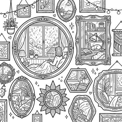 Transform your quiet moments into vibrant art with this charming coloring page featuring a collection of bedroom mirrors reflecting a peaceful rainy day. Discover intricate details and cozy scenes perfect for unwinding.